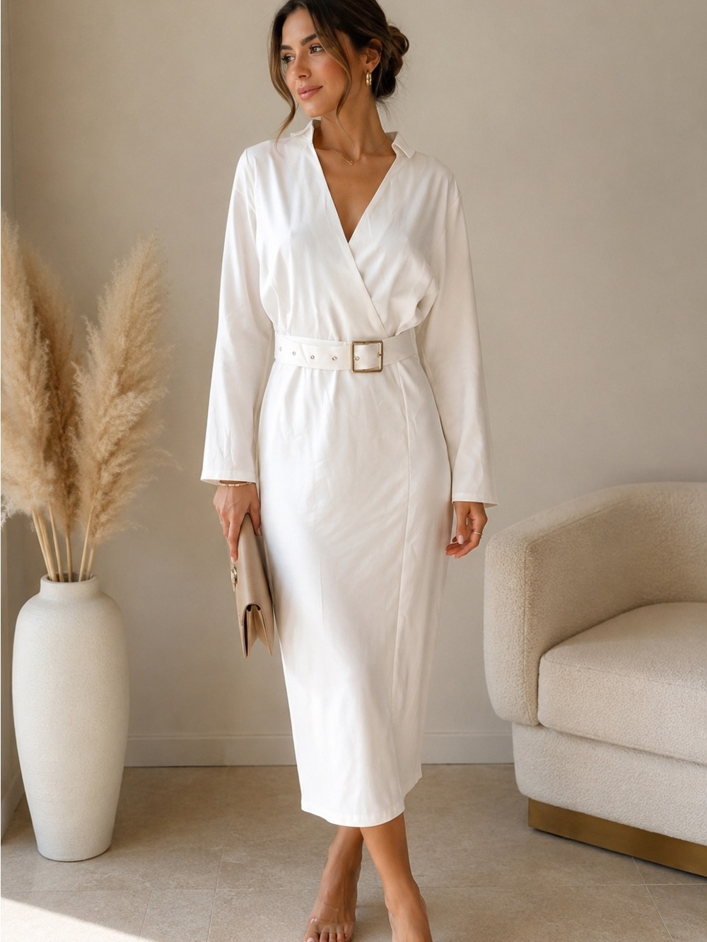 White Wrap-Front Long Sleeve Midi Dress doesn’t have size on it. Check pictures